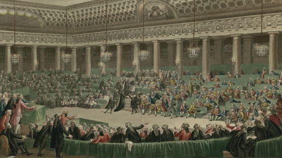 Assemblée nationale - abandon de tous les privilèges à Versailles, séance de la nuit du 4 au 5 août 1789. Charles Monnet, peintre du roi et Isidore Helman (graveur). source Gallica. (Wikipédia)