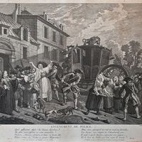 Enlèvement de police. Gravure de Claude Augustin Duflos d'après une peinture d'Étienne Jeaurat, vers 1756-1757.