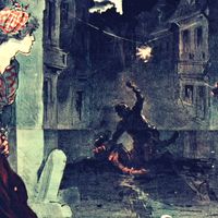 Publicité pour Les Mystères de Paris d’Eugène Süe - Illustrateur : Jules Cheret - 1885 - Musée Carnavalet, Paris. (Wikipédia)