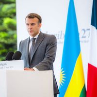 Emmanuel Macron lors de son discours au mémorial du génocide rwandais à Kigali ce jeudi 27 mai 2021