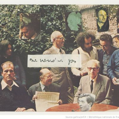 L'Oulipo le 23 septembre 1975 dans le jardin de François Le Lionnais, à Boulogne Billancourt. Assis, au centre : François Le Lionnais et Raymond Queneau.