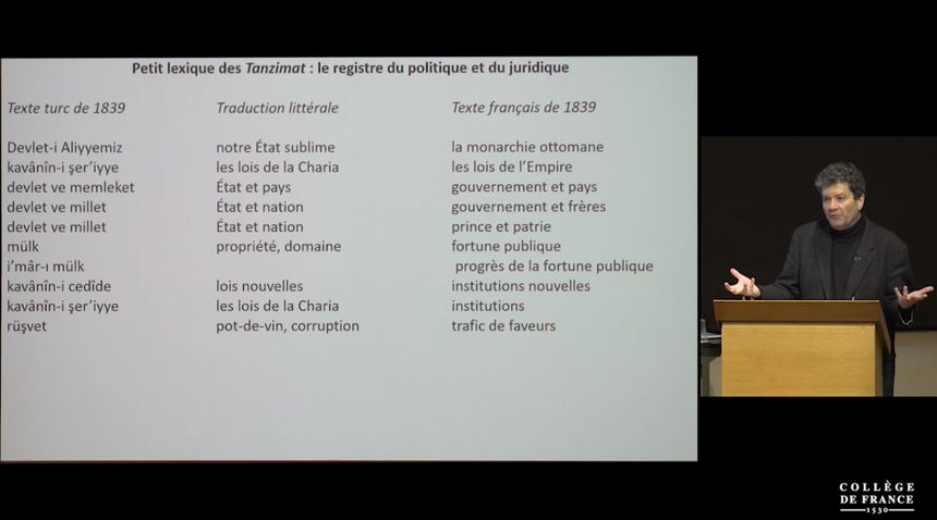 Le texte du décret des Tanzimat a été pensé et écrit à la fois en turc et en français, en 1839. Edhem Eldem propose une explication de texte qui va d'une langue à l'autre dans son cours au Collège de France