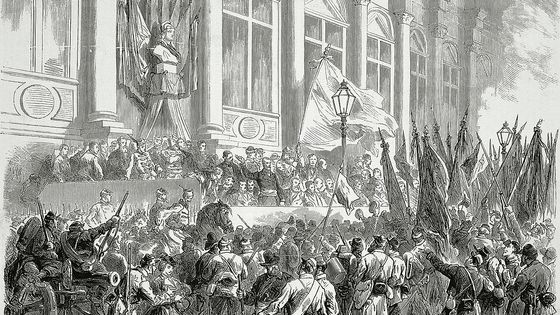 Gravure proclamation de la Commune, Hôtel de ville de Paris, 26 mars 1871. ©Getty - De Agostini