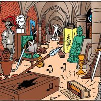 Tintin dans le château de Moulinsart dans "Le Secret de la Licorne" d'Hergé.