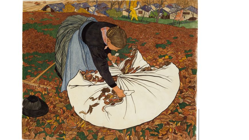 Ernest Biéler (1863-1948) : Ramasseuse de feuilles mortes, s.d. Vers 1909, gouache, aquarelle et crayon sur papier, 47 x 57.9 cm. Musée d'art du Valais, Sion, don de la Fondation de famille Jean-Jacques et Marie Mercier-de Molin en 1991