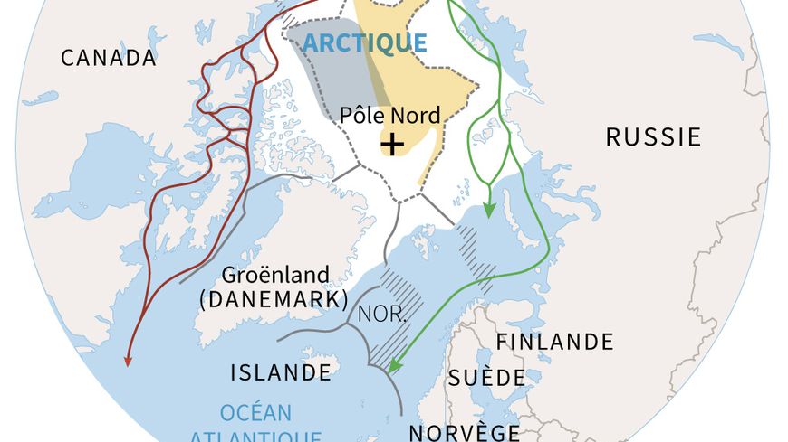 Carte des frontières, des revendications territoriales, et des routes maritimes en Arctique