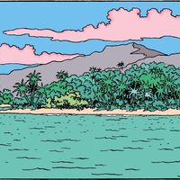 Une case la plus large possible pour permettre aux lecteurs d'explorer la plus grande partie de l'île dans "Le Trésor de Rackham Le Rouge" (1944).