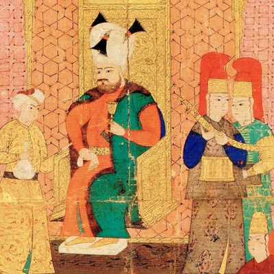 Murat IV, sultan de l’Empire ottoman de 1623 à 1640, dîne avec sa cour (détail d’une miniature). Topkapı Sarayı Müzesi, Istanbul. (Wikipédia)