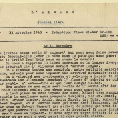 Détail du journal clandestin "L'Alsace" publié le 11 novembre 1940.