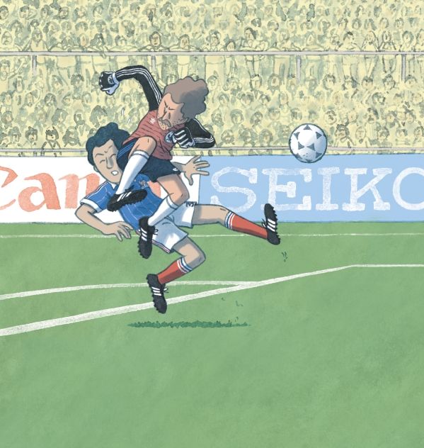 Dessin de couverture du livre "Les Fantômes de Séville", de Didier Tronchet, Jérôme et Anne-Claire Jouvray, qui illustre la faute qui a fait basculé le match, du goal Schumacher sur le joueur français Battiston
