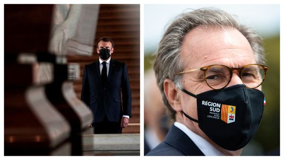 Emmanuel Macron devant le tombe de Napoléon aux Invalides le 5 mai 2021 lors d'une cérémonie pour le bicentenaire de sa mort. / Renaud Muselier, président LR de la région PACA le 6/05/2021 à Serignan-du-Comtat, près d'Orange. ©AFP - Sarah MEYSSONNIER / CLEMENT MAHOUDEAU