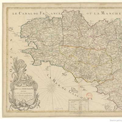 Carte de la Bretagne, divisée en ses cinq départements et ses quarante-cinq districts suivant les décrets de l'Assemblée Nationale Éditeur : Mondhare (Paris) Date d'édition : 1790.