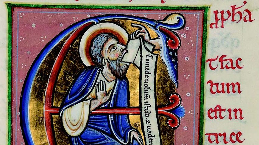 Bible latine, lettrine avec Ezéchiel mangeant le Livre, 1150-1200