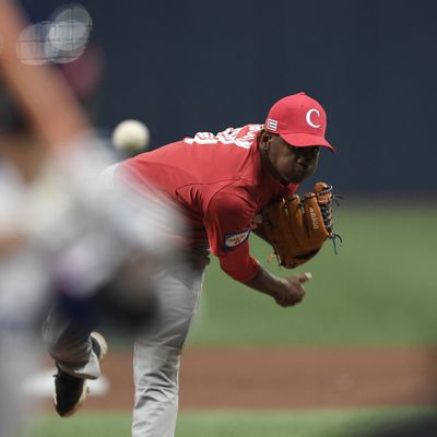 Le joueur de base-ball de Cuba Yosimar Cousin lors d'un match contre la COrée du Sud, le 08/11/2019 à Séoul.