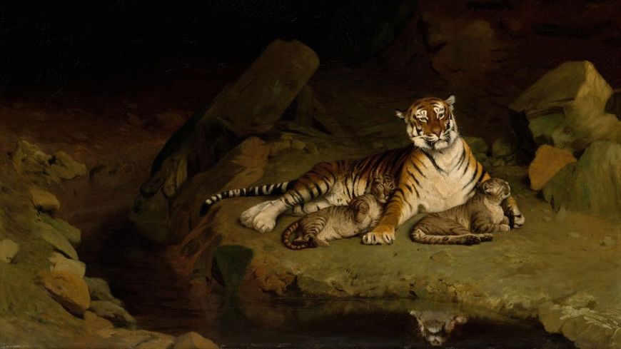 "Tigresse et ses petits"', Jean-Léon Gérôme (1895). Gérôme attribuait le succès de ses peintures d'animaux à ses années d'études à la ménagerie du Jardin des Plantes à Paris.