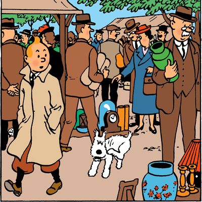 Tintin au Vieux Marché, début de l'album du "Secret de La Licorne" d'Hergé.