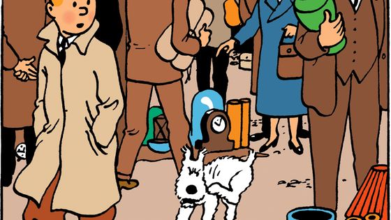 Tintin au Vieux Marché, début de l'album du "Secret de La Licorne" d'Hergé. - Hergé-Moulinsart 2021