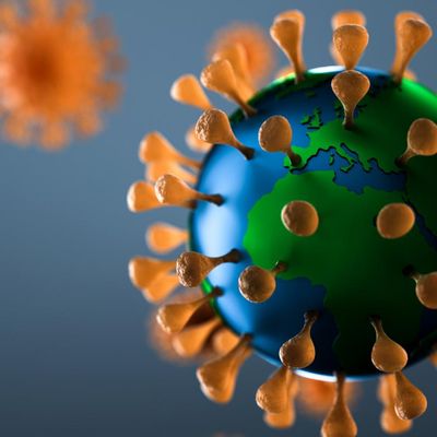 Le globe terrestre en trois dimensions, décoré comme un coronavirus. Pour la première fois dans l'Histoire, la santé a prévalu sur l'activité économique mondiale. (Illustration)