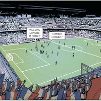 Extrait de "Mon album Platini", écrit par Sylvain Venayre, et illustré par Christopher, qui revient sur le match d'anthologie France-Allemagne à la Coupe de Monde d'Espagne en 1982