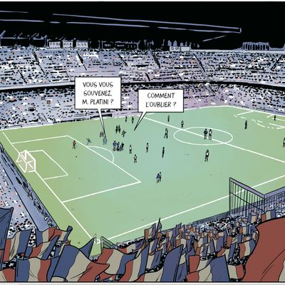 Extrait de "Mon album Platini", écrit par Sylvain Venayre, et illustré par Christopher, qui revient sur le match d'anthologie France-Allemagne à la Coupe de Monde d'Espagne en 1982