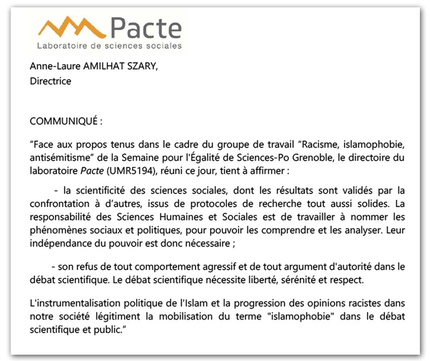 Extrait du communiqué du laboratoire Pacte du 7 décembre 2020.