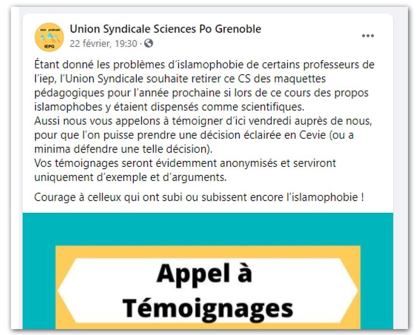 Appel à témoignage lancé sur Facebook par l’Union syndicale Sciences Po Grenoble.