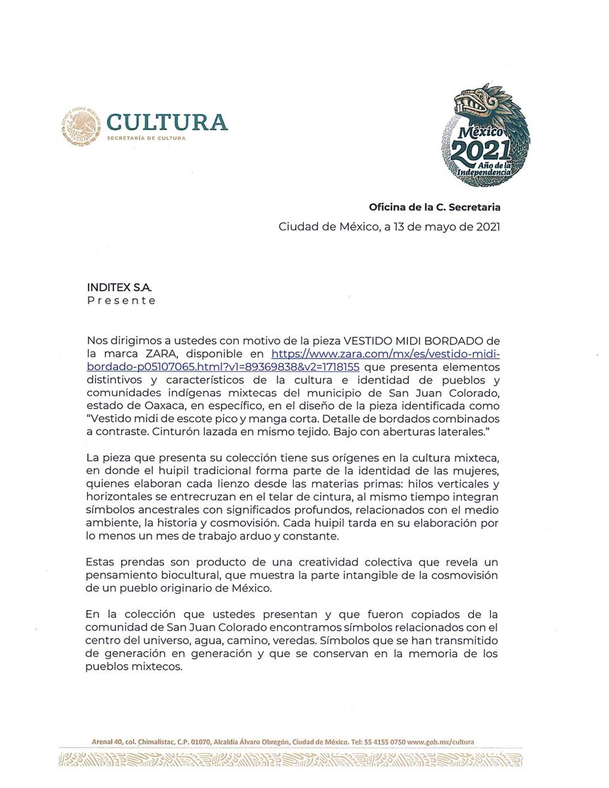 Extrait de la lettre de la ministre de la culture mexicaine envoyée à l'enseigne Zara.