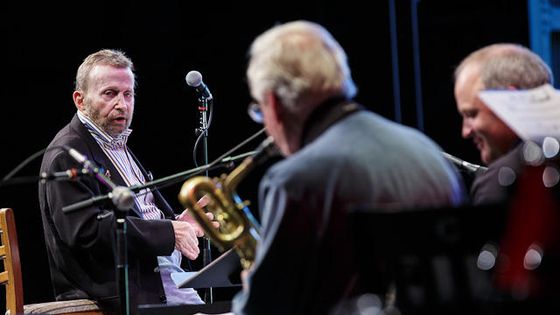 2012, Johnny Mandel conducting at Centrum's Jazz Port Townsend with Bill Ramsay & Travis Ranney, saxs - Jim Levitt