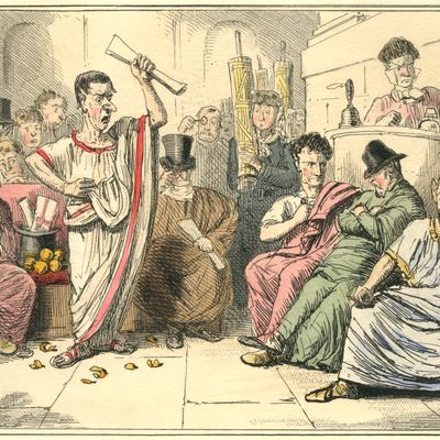 Cicéron dénonçant Lucius Catilina, qui complotait pour le renverser. Extrait de "L'histoire comique de Rome" de Gilbert Abbott à Beckett, illust. John Leech. Éditeur : Bradbury & Evans, Londres, 1850.