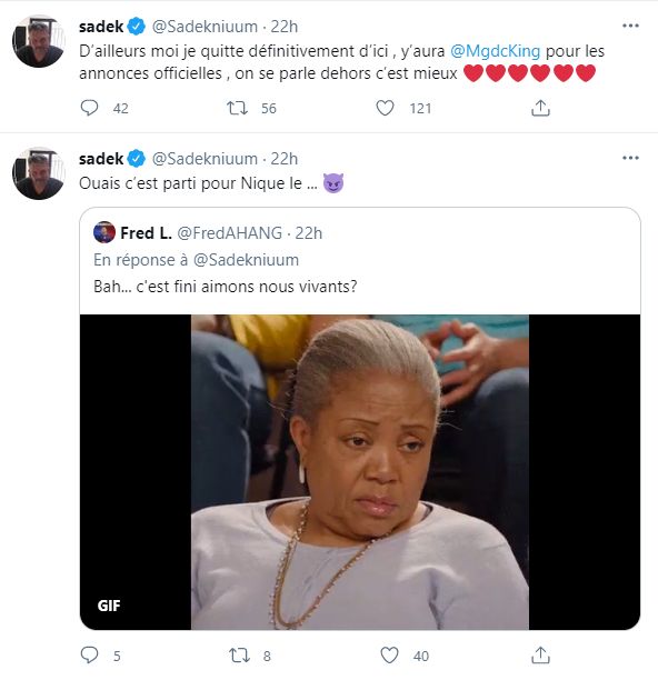 Capture d'ecran des tweets de Sadek