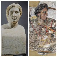 Buste d’Alexandre le Grand dit Hermès Azara (Photo : De Agostini/Getty), musée du Louvre et Mosaïque d'Alexandre (détail), Maison du Faune , Pompéi (Wikipédia)