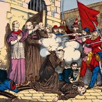 Assassinat de Monseigneur Carboy, évêque de Paris, et d'autres prélats, 24 mai 1871, gravure. France, XIXe siècle. Paris, Hôtel Carnavalet, Cabinet Des Arts Graphiques. Photo : De Agostini