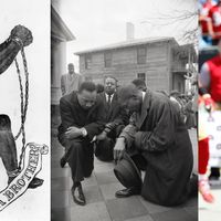 Montage photo avec le symbole des abolitionnistes né au XVIIIe, Martin Luther King en 1965 à Montgomery et le footballeur américain Colin Kaepernick, à l'origine du geste repris par le mouvement Black Lives Matter