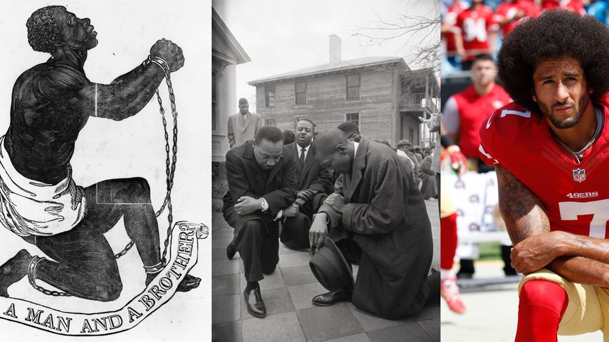 Montage photo avec le symbole des abolitionnistes né au XVIIIe, Martin Luther King en 1965 à Montgomery et le footballeur américain Colin Kaepernick, à l'origine du geste repris par le mouvement Black Lives Matter