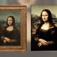 A droite, la vraie Joconde, à gauche : "École italienne du début du XVIIe siècle, suiveur de Léonard de Vinci, la "Mona Lisa Hekking", huile sur toile, estimation 200.000-300.000€)