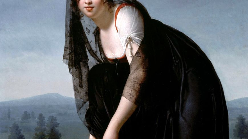 Nisa Villers, Portrait présumé de madame Soustras laçant son chausson (détail), 1802, Paris, musée du Louvre, auprès du musée international de la Chaussure, Romans-sur-Isère