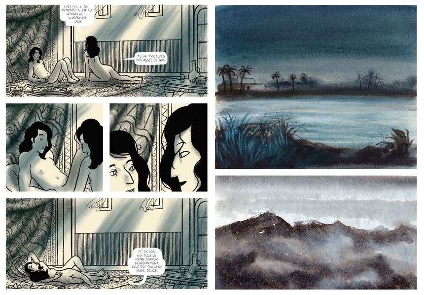 Planches des pages 60 et 61 du livre "Les Amants de Shamhat", de Charles Berberian, qui montrent la dichotomie des couleurs entre la représentation de la ville, et son extérieur