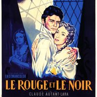 Affiche du film "Le Rouge et le Noir" d'après le roman de Stendhal, réalisé par Claude Autant-Lara (1954) avec Gérard Philipe et Danielle Darrieux dans les rôles principaux.
