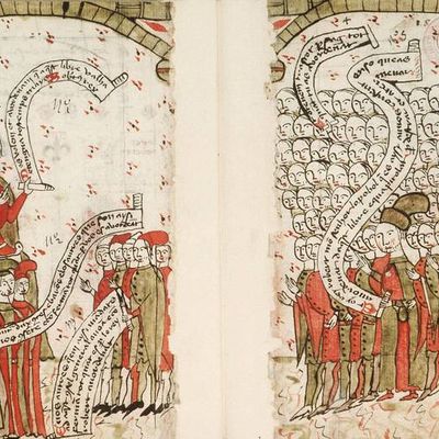 Miniature extraite du "Dialogue avec Dieu , Siensa de destrar" de Bertran Boysset, 1405. Bibliothèque municipale de Carpentras,