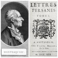G : gravure représentant Charles de Montesquieu, baron de Labrède (1689-1755) / D : page de titre de l'édition originale des Lettres Persanes, 1721.