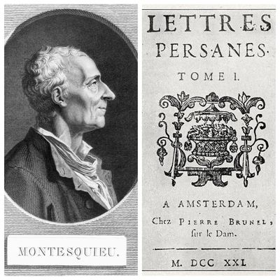 G : gravure représentant Charles de Montesquieu, baron de Labrède (1689-1755) / D : page de titre de l'édition originale des Lettres Persanes, 1721.