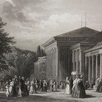 Place de la conversation à Baden-Baden, Gravure extraite de la série "L'été à Bade" d'Eugène Guinot
