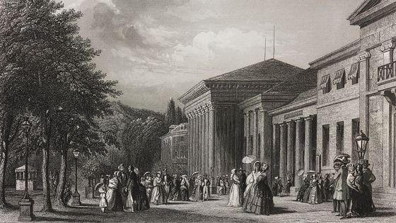 Place de la conversation à Baden-Baden, Gravure extraite de la série "L'été à Bade" d'Eugène Guinot ©Getty - DeAgostini