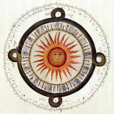 Dessin coloré à la main, Antonio de Leon y Gama. Publié en 1792 dans le livre "Description historique et chronologique des deux pierres trouvées lors du nouveau pavage de la place principale de Mexico".