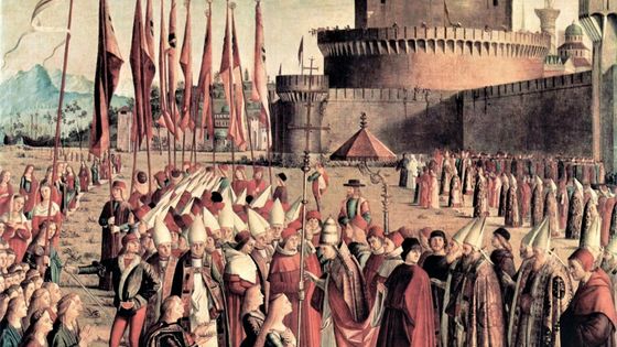 Rencontre des pèlerins avec le pape Cyriaque, devant les murs de Rome (1493) - Vittore Carpaccio (1465-1525)