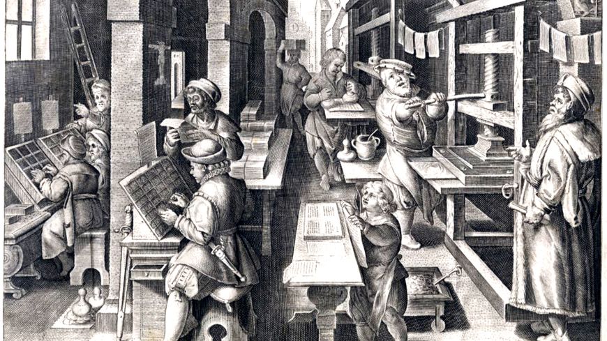 Gravure de Jan van der Straet, représentant un atelier d'impression au XVIème siècle.
