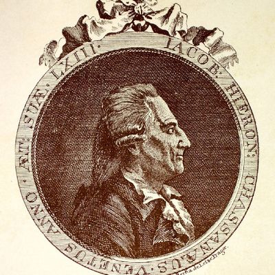 Portrait en médaillon de Casanova, fait à vue en mars 1788, gravure de Berka, utilisé comme frontispice de Icosaméron (1788). Légende : Jacques Jérôme Casanova, Vénitien dans sa 63e année.