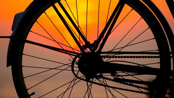 Plan rapproché d'une roue de vélo devant un coucher de soleil ©Getty - Krystian Ksminski