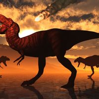 Groupe de tyrannosaures face à une pluie d'astéroïdes