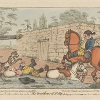 La chute du Docteur Slop dans le premier volume de "Vie et opinions de Tristram Shandy" (illustration de Henry William Bunbury)